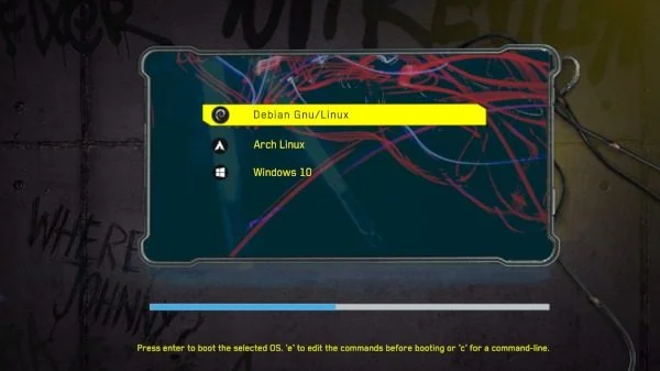 Cyberpunk GRUB theme with a neon operating-system menu