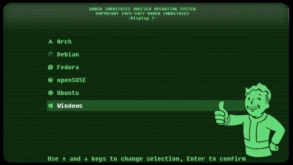 Fallout GRUB theme styled like a green monochrome terminal