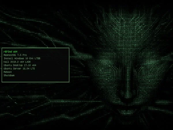 Shodan GRUB theme with a dark data-stream background
